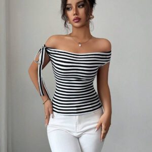 Elenzga T-shirt décontracté à épaules dénudées imprimé de rayures pour femmes