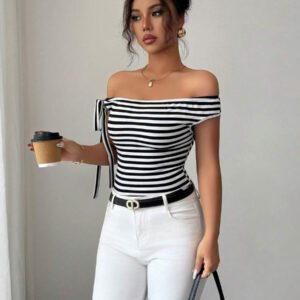 Elenzga T-shirt décontracté à épaules dénudées imprimé de rayures pour femmes