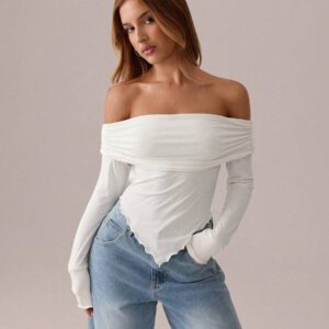 SHEIN SXY Top blanc T-shirt à manches longues en tricot asymétrique plissé blanc unicolore, automne/printemps T-shirt moulant tricoté pour femmes avec épaules dénudées Convient pour les sorties et la vie quotidienne