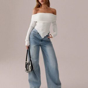 SHEIN SXY Top blanc T-shirt à manches longues en tricot asymétrique plissé blanc unicolore, automne/printemps T-shirt moulant tricoté pour femmes avec épaules dénudées Convient pour les sorties et la vie quotidienne