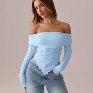 SHEIN SXY Top blanc T-shirt à manches longues en tricot asymétrique plissé blanc unicolore, automne/printemps T-shirt moulant tricoté pour femmes avec épaules dénudées Convient pour les sorties et la vie quotidienne