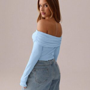 SHEIN SXY Top blanc T-shirt à manches longues en tricot asymétrique plissé blanc unicolore, automne/printemps T-shirt moulant tricoté pour femmes avec épaules dénudées Convient pour les sorties et la vie quotidienne