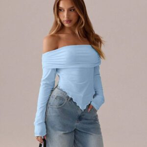 SHEIN SXY Top blanc T-shirt à manches longues en tricot asymétrique plissé blanc unicolore, automne/printemps T-shirt moulant tricoté pour femmes avec épaules dénudées Convient pour les sorties et la vie quotidienne