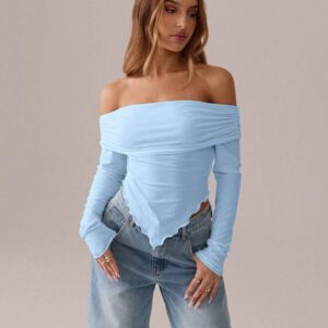 SHEIN SXY Top blanc T-shirt à manches longues en tricot asymétrique plissé blanc unicolore, automne/printemps T-shirt moulant tricoté pour femmes avec épaules dénudées Convient pour les sorties et la vie quotidienne