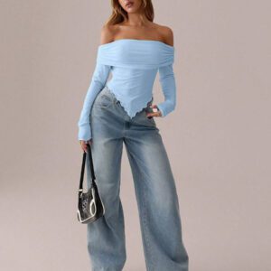 SHEIN SXY Top blanc T-shirt à manches longues en tricot asymétrique plissé blanc unicolore, automne/printemps T-shirt moulant tricoté pour femmes avec épaules dénudées Convient pour les sorties et la vie quotidienne