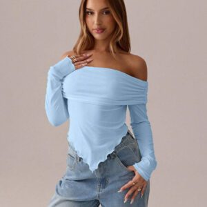 SHEIN SXY Top blanc T-shirt à manches longues en tricot asymétrique plissé blanc unicolore, automne/printemps T-shirt moulant tricoté pour femmes avec épaules dénudées Convient pour les sorties et la vie quotidienne