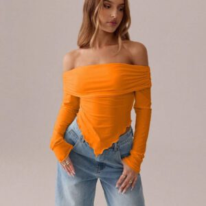 SHEIN SXY Top blanc T-shirt à manches longues en tricot asymétrique plissé blanc unicolore, automne/printemps T-shirt moulant tricoté pour femmes avec épaules dénudées Convient pour les sorties et la vie quotidienne