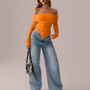 SHEIN SXY Top blanc T-shirt à manches longues en tricot asymétrique plissé blanc unicolore, automne/printemps T-shirt moulant tricoté pour femmes avec épaules dénudées Convient pour les sorties et la vie quotidienne