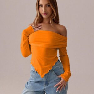 SHEIN SXY Top blanc T-shirt à manches longues en tricot asymétrique plissé blanc unicolore, automne/printemps T-shirt moulant tricoté pour femmes avec épaules dénudées Convient pour les sorties et la vie quotidienne