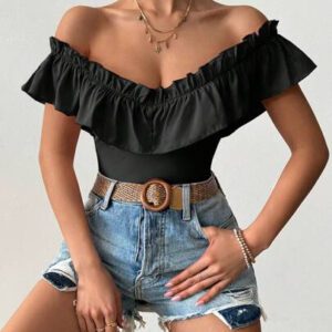 SHEIN PETITE T-shirt décontracté à encolure en V profond et aux épaules dénudées, mélange de tricot. Convient pour le port quotidien et les rendez-vous