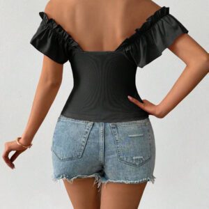 SHEIN PETITE T-shirt décontracté à encolure en V profond et aux épaules dénudées, mélange de tricot. Convient pour le port quotidien et les rendez-vous