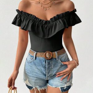 SHEIN PETITE T-shirt décontracté à encolure en V profond et aux épaules dénudées, mélange de tricot. Convient pour le port quotidien et les rendez-vous