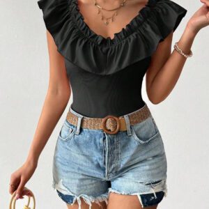 SHEIN PETITE T-shirt décontracté à encolure en V profond et aux épaules dénudées, mélange de tricot. Convient pour le port quotidien et les rendez-vous