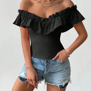 SHEIN PETITE T-shirt décontracté à encolure en V profond et aux épaules dénudées, mélange de tricot. Convient pour le port quotidien et les rendez-vous