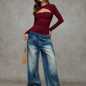 SHEIN BAE T-shirt casual près du corps à manches longues et effet ajouré de couleur unie pour femme, automne