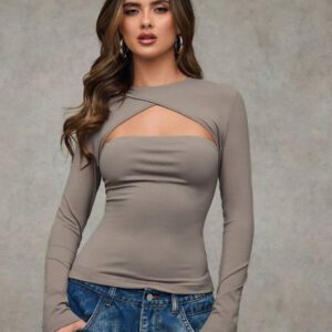 SHEIN BAE T-shirt casual près du corps à manches longues et effet ajouré de couleur unie pour femme, automne