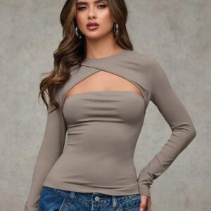 SHEIN BAE T-shirt casual près du corps à manches longues et effet ajouré de couleur unie pour femme, automne