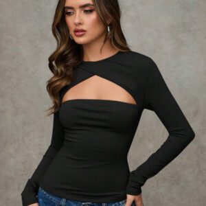SHEIN BAE T-shirt casual près du corps à manches longues et effet ajouré de couleur unie pour femme, automne