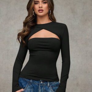 SHEIN BAE T-shirt casual près du corps à manches longues et effet ajouré de couleur unie pour femme, automne