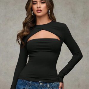 SHEIN BAE T-shirt casual près du corps à manches longues et effet ajouré de couleur unie pour femme, automne