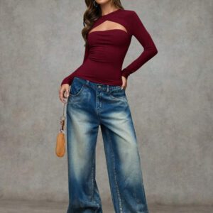 SHEIN BAE T-shirt casual près du corps à manches longues et effet ajouré de couleur unie pour femme, automne