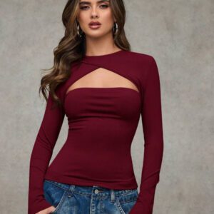 SHEIN BAE T-shirt casual près du corps à manches longues et effet ajouré de couleur unie pour femme, automne
