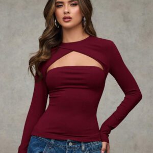 SHEIN BAE T-shirt casual près du corps à manches longues et effet ajouré de couleur unie pour femme, automne