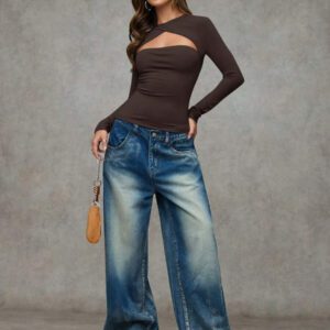 SHEIN BAE T-shirt casual près du corps à manches longues et effet ajouré de couleur unie pour femme, automne