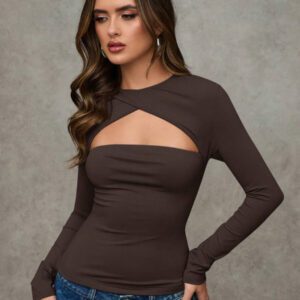 SHEIN BAE T-shirt casual près du corps à manches longues et effet ajouré de couleur unie pour femme, automne