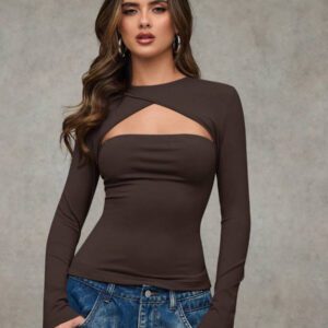 SHEIN BAE T-shirt casual près du corps à manches longues et effet ajouré de couleur unie pour femme, automne