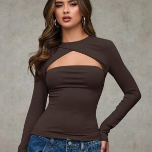 SHEIN BAE T-shirt casual près du corps à manches longues et effet ajouré de couleur unie pour femme, automne