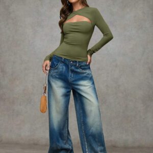 SHEIN BAE T-shirt casual près du corps à manches longues et effet ajouré de couleur unie pour femme, automne