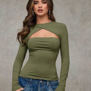 SHEIN BAE T-shirt casual près du corps à manches longues et effet ajouré de couleur unie pour femme, automne