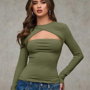 SHEIN BAE T-shirt casual près du corps à manches longues et effet ajouré de couleur unie pour femme, automne