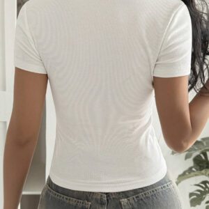 DAZY T-shirt femme à col carré court, avec garniture en dentelle ajustée