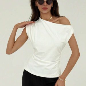 Aloruh Nouveau t-shirt blanc unicolore à manches courtes, col rond, taille nouée, froncé, à épaules dégagées et obliques, style simple