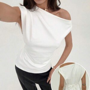 Aloruh Nouveau t-shirt blanc unicolore à manches courtes, col rond, taille nouée, froncé, à épaules dégagées et obliques, style simple