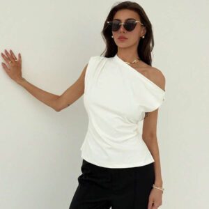 Aloruh Nouveau t-shirt blanc unicolore à manches courtes, col rond, taille nouée, froncé, à épaules dégagées et obliques, style simple