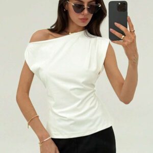 Aloruh Nouveau t-shirt blanc unicolore à manches courtes, col rond, taille nouée, froncé, à épaules dégagées et obliques, style simple