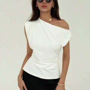 Aloruh Nouveau t-shirt blanc unicolore à manches courtes, col rond, taille nouée, froncé, à épaules dégagées et obliques, style simple