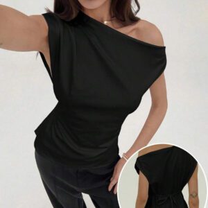 Aloruh Nouveau t-shirt blanc unicolore à manches courtes, col rond, taille nouée, froncé, à épaules dégagées et obliques, style simple