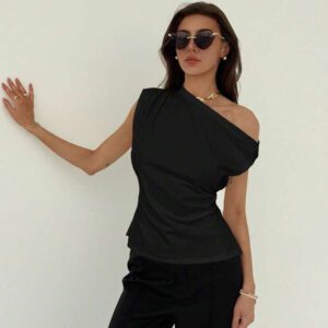 Aloruh Nouveau t-shirt blanc unicolore à manches courtes, col rond, taille nouée, froncé, à épaules dégagées et obliques, style simple