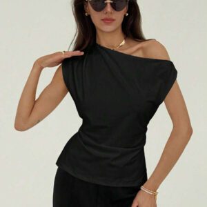Aloruh Nouveau t-shirt blanc unicolore à manches courtes, col rond, taille nouée, froncé, à épaules dégagées et obliques, style simple