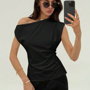 Aloruh Nouveau t-shirt blanc unicolore à manches courtes, col rond, taille nouée, froncé, à épaules dégagées et obliques, style simple