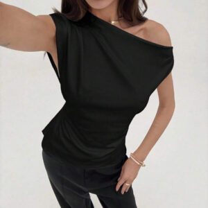 Aloruh Nouveau t-shirt blanc unicolore à manches courtes, col rond, taille nouée, froncé, à épaules dégagées et obliques, style simple