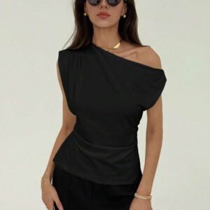Aloruh Nouveau t-shirt blanc unicolore à manches courtes, col rond, taille nouée, froncé, à épaules dégagées et obliques, style simple