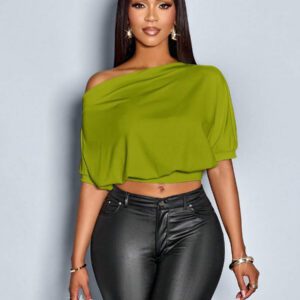 SOLERSUN T-shirt asymétrique à col et épaules froissés pour femmes, coloris unicolore