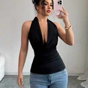 Chiquease Top court dos nu sexy de couleur unie pour femmes, été