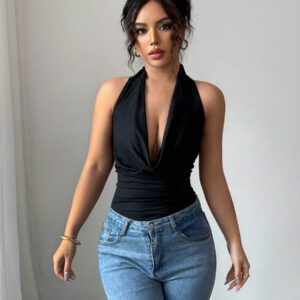 Chiquease Top court dos nu sexy de couleur unie pour femmes, été