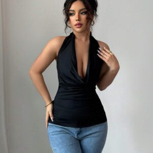 Chiquease Top court dos nu sexy de couleur unie pour femmes, été